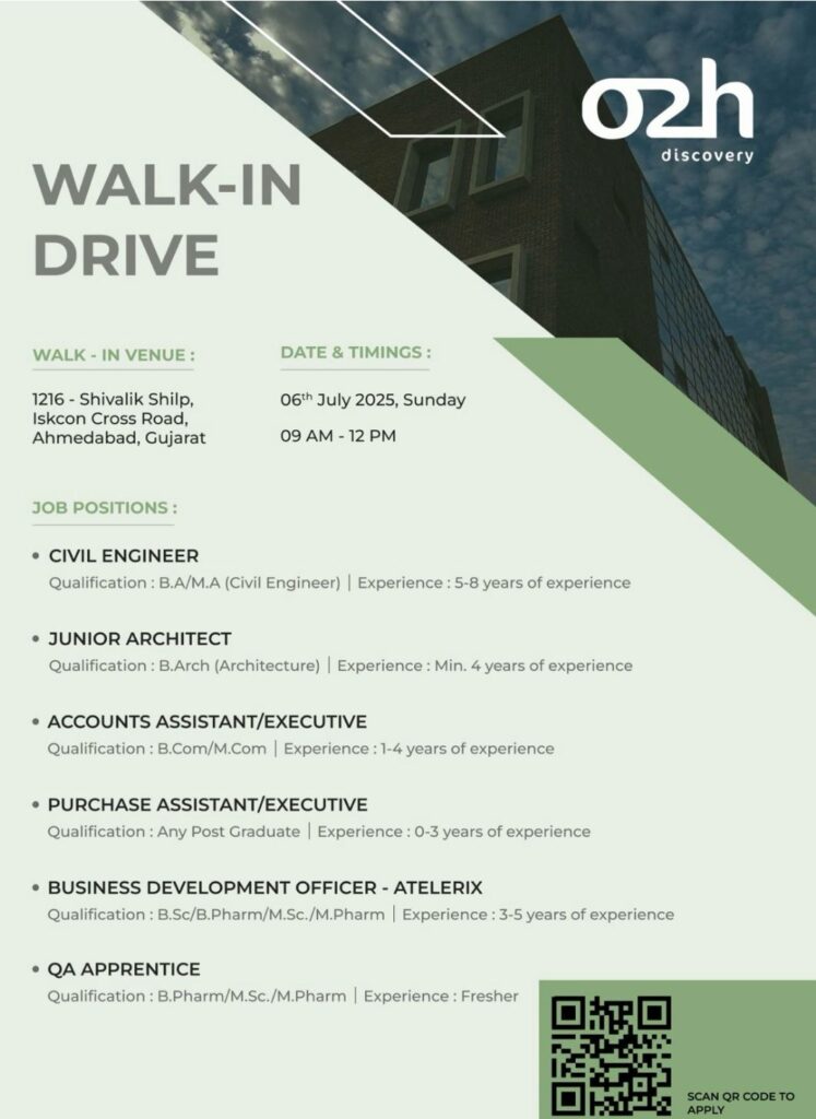 Walk-In Drive at o2h Discovery – Pharma, Engineering & Finance Jobs in Ahmedabad Walk-In Drive at o2h Discovery – Pharma, Engineering & Finance Jobs in Ahmedabad