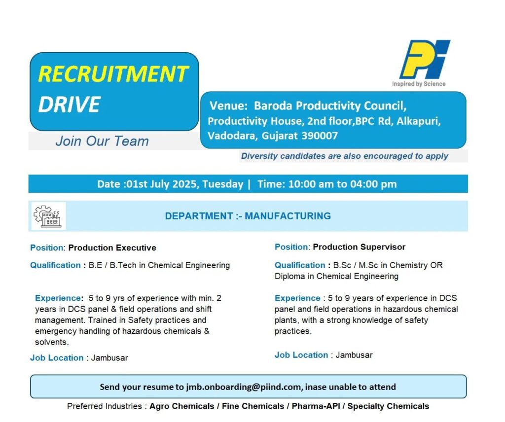 PI Industries Hiring for Production Executive & Supervisor Roles - B.Sc/ M.Sc/ B.E/ B.Tech PI Industries Hiring for Production Executive & Supervisor Roles - B.Sc/ M.Sc/ B.E/ B.Tech