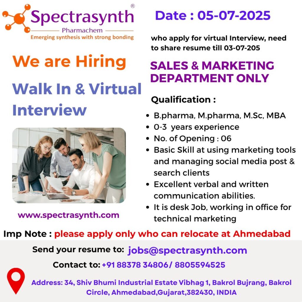 Spectrasynth Hiring FRESHERS - Walk-In & Virtual Interviews for B.Pharma, M.Pharma, M.Sc, or MBA Spectrasynth Hiring FRESHERS - Walk-In & Virtual Interviews for B.Pharma, M.Pharma, M.Sc, or MBA