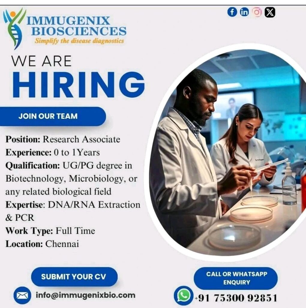 Immugenix Biosciences Hiring for Research Associate Job (0 – 1 Years Exp) Immugenix Biosciences Hiring for Research Associate Job (0 – 1 Years Exp)