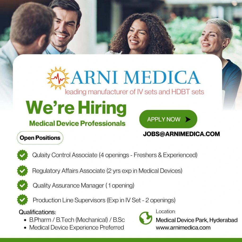 Career Opportunities at Arni Medica Pvt. Ltd. – QA, QC, Regulatory Affairs & Production Jobs Career Opportunities at Arni Medica Pvt. Ltd. – QA, QC, Regulatory Affairs & Production Jobs