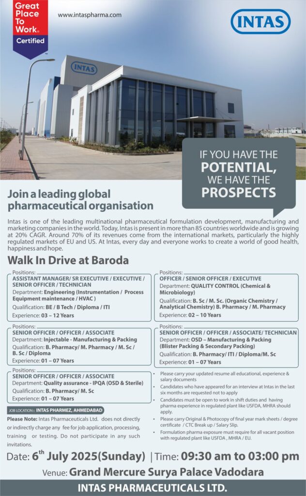 Walk-In Drive at Intas Pharmaceuticals for Engineering, Manufacturing, QA, and QC Walk-In Drive at Intas Pharmaceuticals for Engineering, Manufacturing, QA, and QC