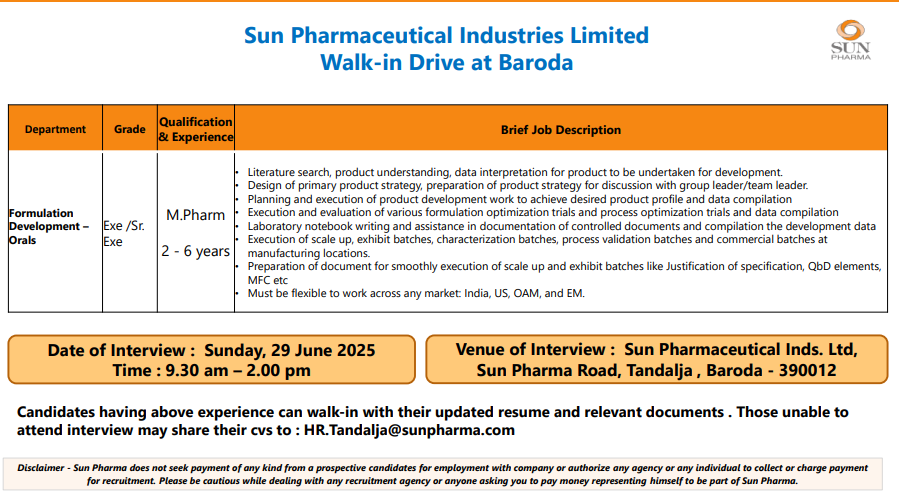 Sun Pharmaceutical Industries Limited Walk-in Drive – Formulation Development (Orals) – Baroda Sun Pharmaceutical Industries Limited Walk-in Drive – Formulation Development (Orals) – Baroda