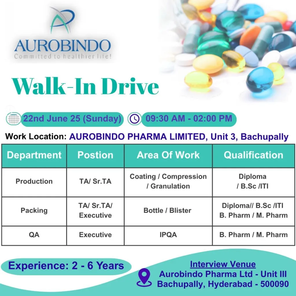 Aurobindo Pharma Walk-In Drive 2025: Production, Packing & QA Jobs in Hyderabad Aurobindo Pharma Walk-In Drive 2025: Production, Packing & QA Jobs in Hyderabad