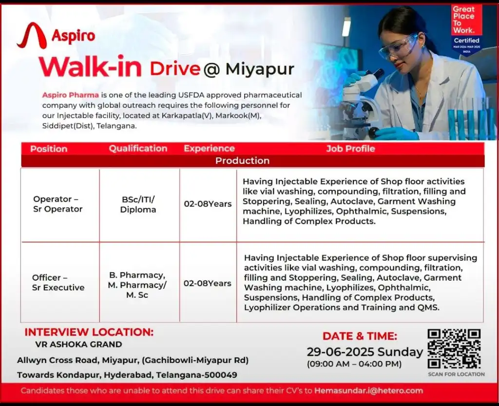 Walk-In Interview @ Aspiro Pharma – Production Jobs (29th June 2025) Walk-In Interview @ Aspiro Pharma – Production Jobs (29th June 2025)