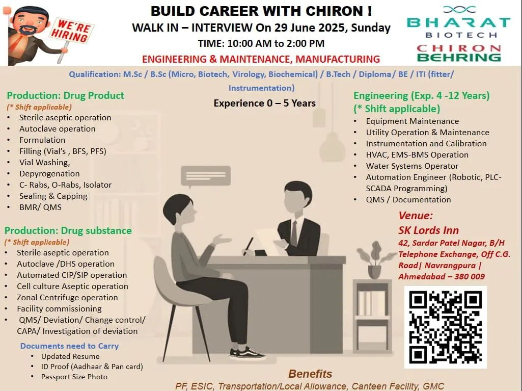 Bharat Biotech (Chiron Behring) Hiring Freshers & Experienced for Engineering, Maintenance & Manufacturing Bharat Biotech (Chiron Behring) Hiring Freshers & Experienced for Engineering, Maintenance & Manufacturing
