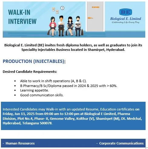 Biological E. Limited Hiring Freshers for Pharma Production Jobs – Apply Now Biological E. Limited Hiring Freshers for Pharma Production Jobs – Apply Now