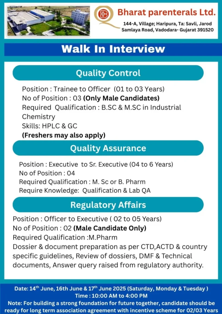 Bharat Parenterals Hiring for Freshers & Experienced in Production, QC, QA, QC Micro, Beta Lactam, Maintenance, F&D, ADL, Regulatory Affairs and more Bharat Parenterals Hiring for Freshers & Experienced in Production, QC, QA, QC Micro, Beta Lactam, Maintenance, F&D, ADL, Regulatory Affairs and more