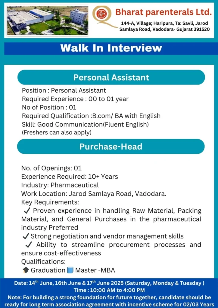 Bharat Parenterals Hiring for Freshers & Experienced in Production, QC, QA, QC Micro, Beta Lactam, Maintenance, F&D, ADL, Regulatory Affairs and more Bharat Parenterals Hiring for Freshers & Experienced in Production, QC, QA, QC Micro, Beta Lactam, Maintenance, F&D, ADL, Regulatory Affairs and more
