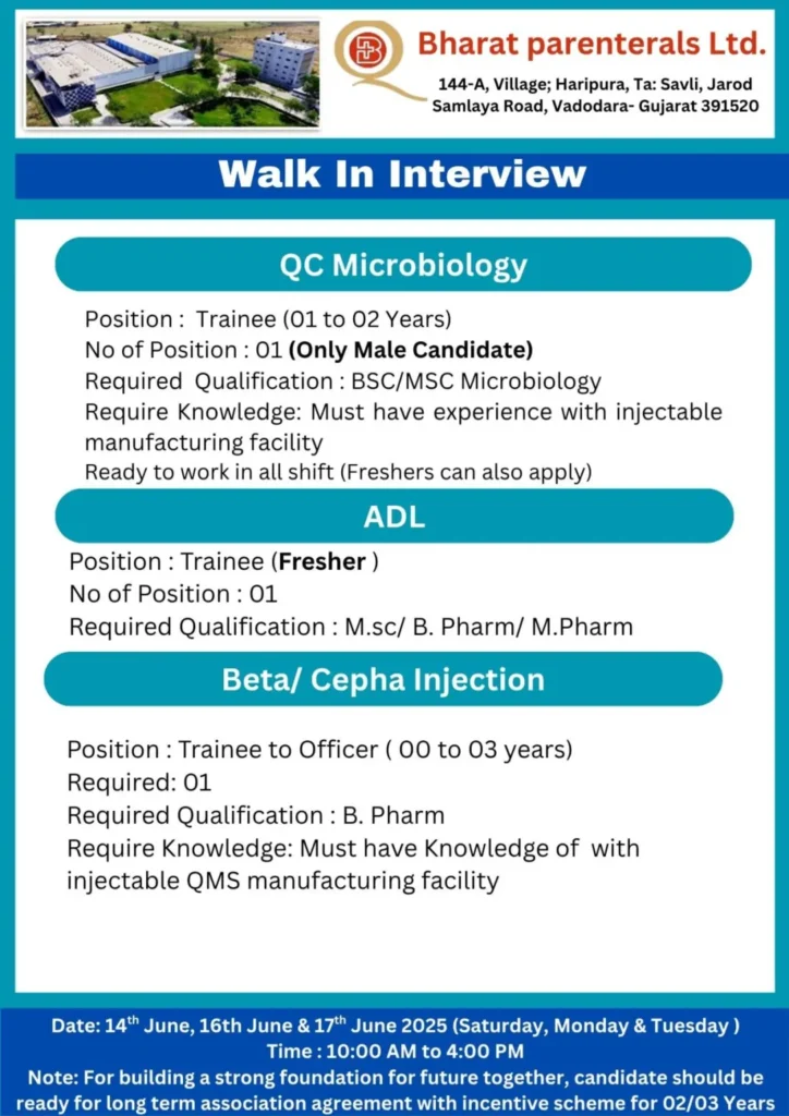 Bharat Parenterals Hiring for Freshers & Experienced in Production, QC, QA, QC Micro, Beta Lactam, Maintenance, F&D, ADL, Regulatory Affairs and more Bharat Parenterals Hiring for Freshers & Experienced in Production, QC, QA, QC Micro, Beta Lactam, Maintenance, F&D, ADL, Regulatory Affairs and more