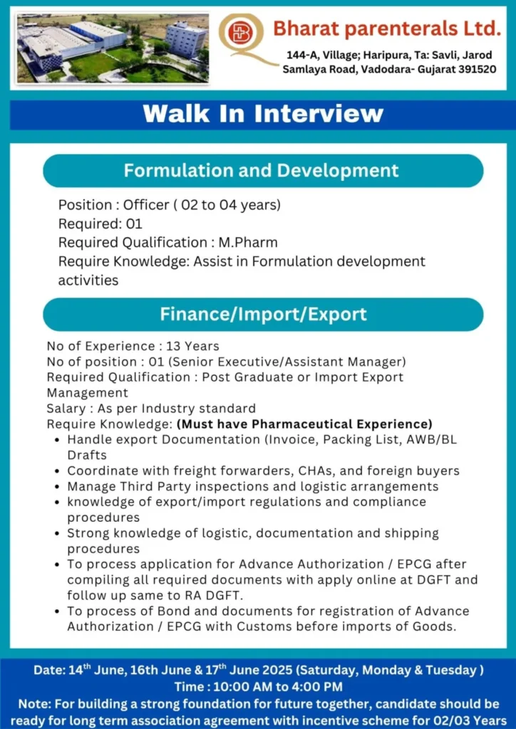 Bharat Parenterals Hiring for Freshers & Experienced in Production, QC, QA, QC Micro, Beta Lactam, Maintenance, F&D, ADL, Regulatory Affairs and more Bharat Parenterals Hiring for Freshers & Experienced in Production, QC, QA, QC Micro, Beta Lactam, Maintenance, F&D, ADL, Regulatory Affairs and more
