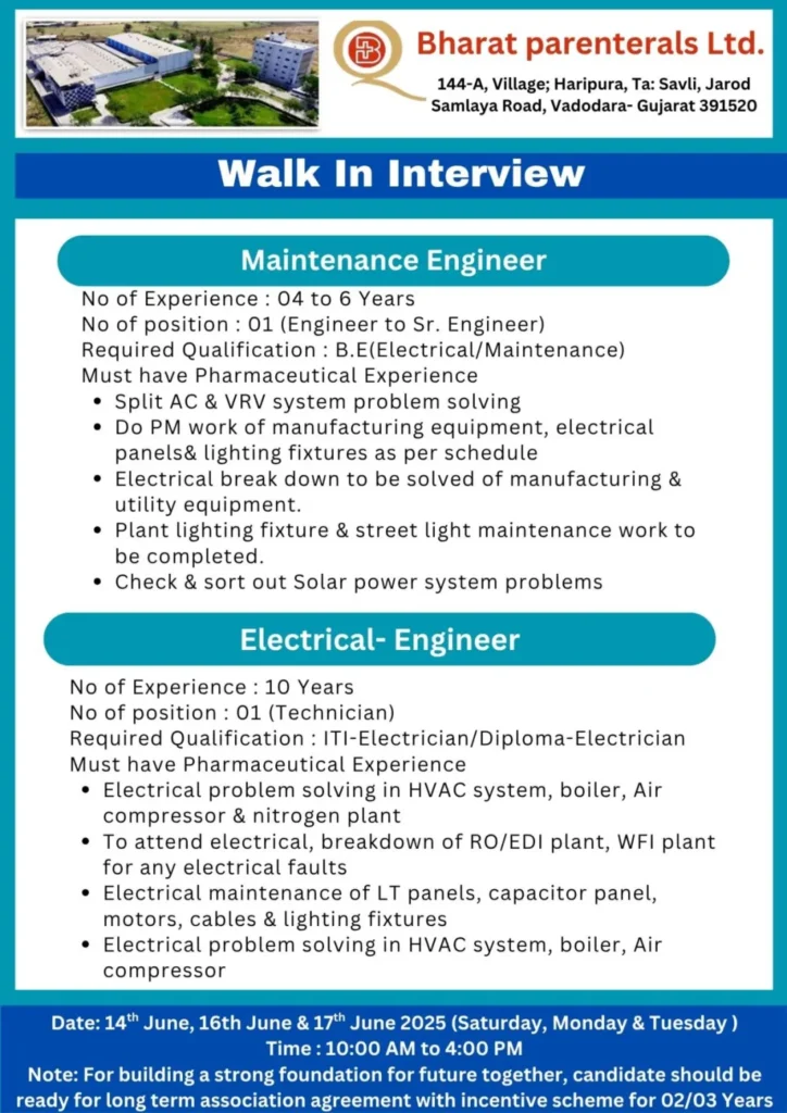 Bharat Parenterals Hiring for Freshers & Experienced in Production, QC, QA, QC Micro, Beta Lactam, Maintenance, F&D, ADL, Regulatory Affairs and more Bharat Parenterals Hiring for Freshers & Experienced in Production, QC, QA, QC Micro, Beta Lactam, Maintenance, F&D, ADL, Regulatory Affairs and more