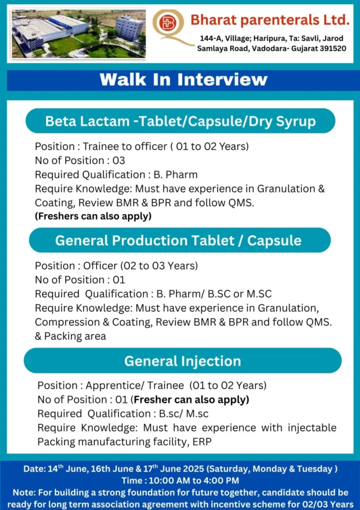 Bharat Parenterals Hiring for Freshers & Experienced in Production, QC, QA, QC Micro, Beta Lactam, Maintenance, F&D, ADL, Regulatory Affairs and more Bharat Parenterals Hiring for Freshers & Experienced in Production, QC, QA, QC Micro, Beta Lactam, Maintenance, F&D, ADL, Regulatory Affairs and more