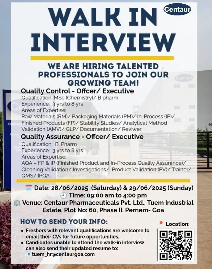 Centaur Pharmaceuticals Hiring for Quality Control & Assurance Roles in Goa Centaur Pharmaceuticals Hiring for Quality Control & Assurance Roles in Goa