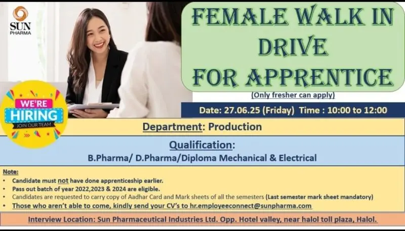 Sun Pharma Halol Apprentice Drive 2025 – B.Pharma/ D.Pharma/ Diploma Freshers Apply! Sun Pharma Halol Apprentice Drive 2025 – B.Pharma/ D.Pharma/ Diploma Freshers Apply!