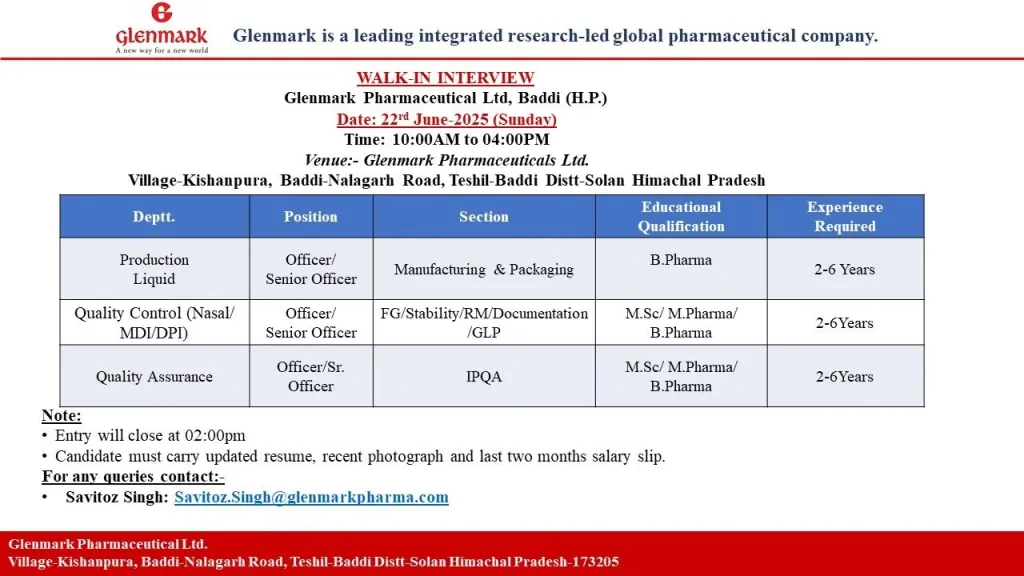 Glenmark Pharmaceuticals Walk-In Interviews for Production, QC, and QA Roles Glenmark Pharmaceuticals Walk-In Interviews for Production, QC, and QA Roles