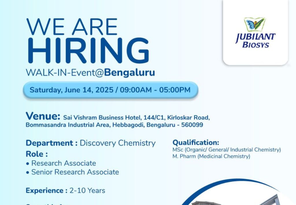 Hiring Alert! MSc/ M. Pharm R&D Jobs at Jubilant Biosys – Apply Now! Hiring Alert! MSc/ M. Pharm R&D Jobs at Jubilant Biosys – Apply Now!