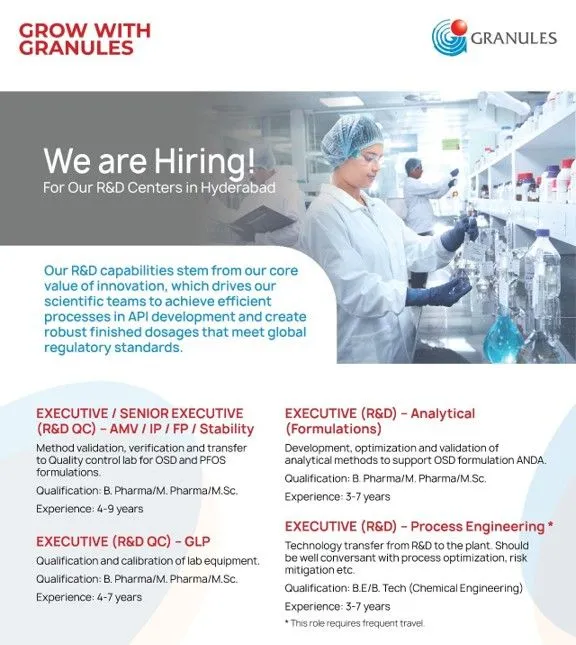 Granules India Hiring: QC, Analytical & Process Engineering Jobs Granules India Hiring: QC, Analytical & Process Engineering Jobs