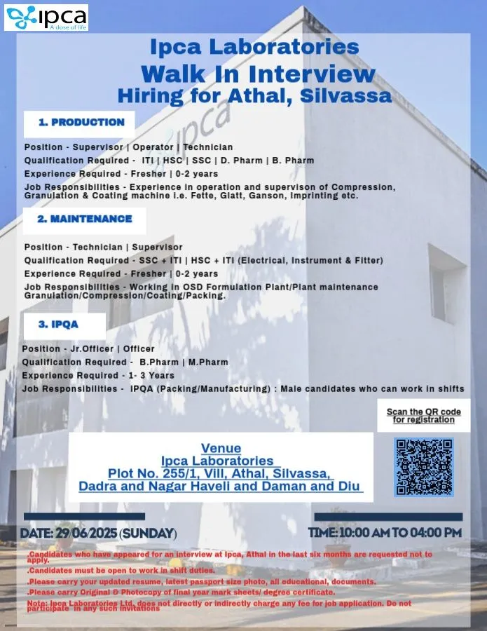 Ipca Laboratories Limited Hiring FRESHERS for Production, Maintenance & IPQA Openings Ipca Laboratories Limited Hiring FRESHERS for Production, Maintenance & IPQA Openings