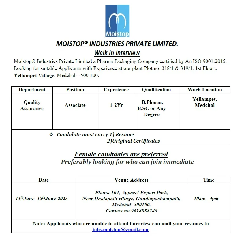 Walk-In Interviews at Moistop® Enterprises – QA Associate Jobs (B.Pharm/ B.Sc) Walk-In Interviews at Moistop® Enterprises – QA Associate Jobs (B.Pharm/ B.Sc)