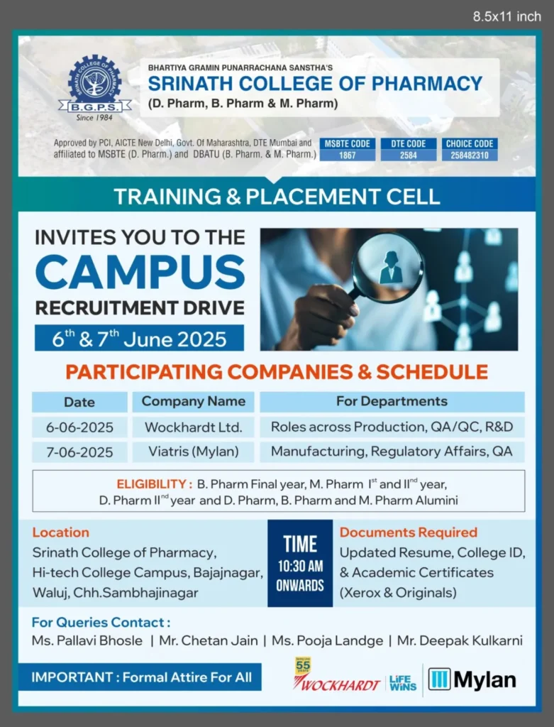 Campus Recruitment Drive for FRESHERS at Srinath College of Pharmacy – Wockhardt & Viatris Hiring! Campus Recruitment Drive for FRESHERS at Srinath College of Pharmacy – Wockhardt & Viatris Hiring!