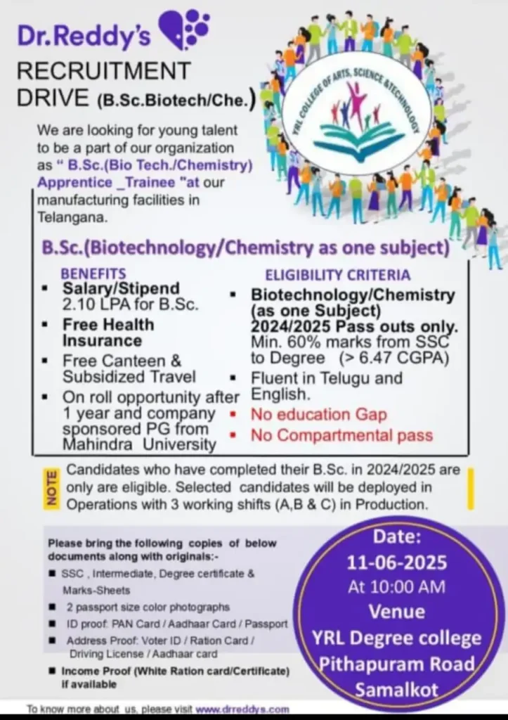 Dr. Reddy’s Laboratories Hiring B.Sc. Graduates – Apprentice Trainee Opportunities Dr. Reddy’s Laboratories Hiring B.Sc. Graduates – Apprentice Trainee Opportunities