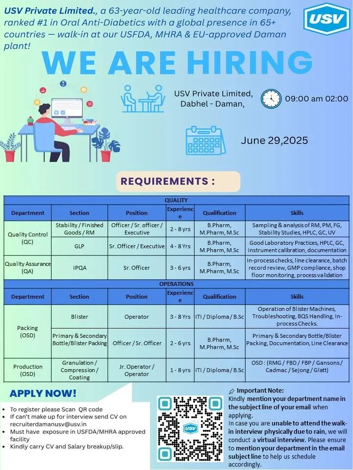 Walk-In Interviews at USV Pvt. Ltd – QC/ QA, Production & Packing Jobs (29th June 2025) Walk-In Interviews at USV Pvt. Ltd – QC/ QA, Production & Packing Jobs (29th June 2025)