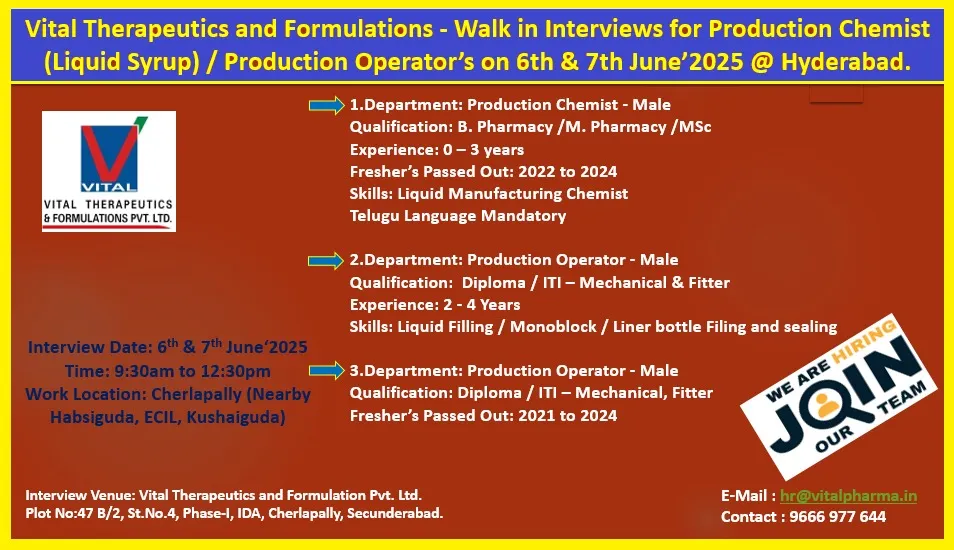Production Chemist & Operator Openings at Vital Therapeutics – Walk-In on 6th & 7th June 2025 Production Chemist & Operator Openings at Vital Therapeutics – Walk-In on 6th & 7th June 2025