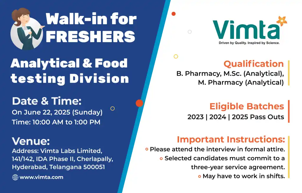 Freshers Walk-In Drive at VIMTA Labs Hyderabad | M.Sc/B.Pharm/M.Pharm Jobs 2025 Freshers Walk-In Drive at VIMTA Labs Hyderabad | M.Sc/B.Pharm/M.Pharm Jobs 2025