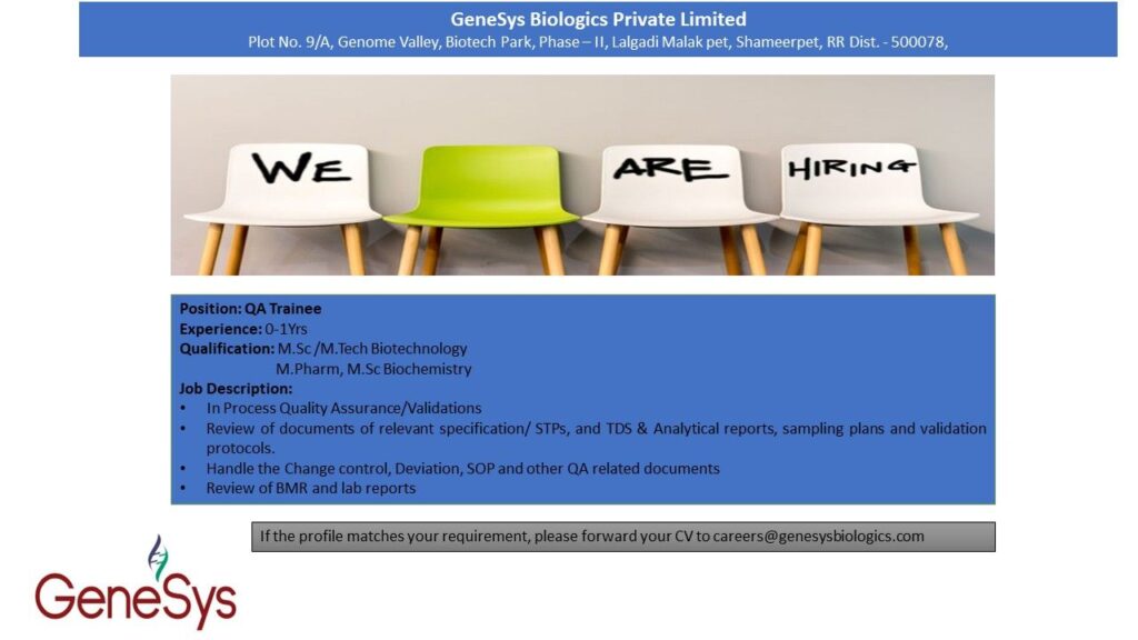 Quality Assurance (QA) Trainee Job Opening for FRESHERS at GeneSys Biologics – Apply Now Quality Assurance (QA) Trainee Job Opening for FRESHERS at GeneSys Biologics – Apply Now