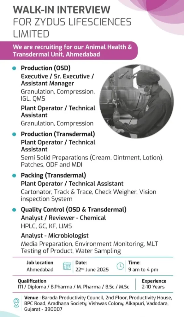 Zydus Lifesciences Walk-In Drive 2025: Production, Packing, QC, QA, Warehouse & Engineering Zydus Lifesciences Walk-In Drive 2025: Production, Packing, QC, QA, Warehouse & Engineering