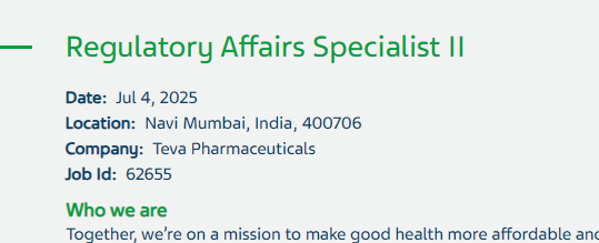 Teva Pharmaceuticals Hiring Freshers in Regulatory Affairs Teva Pharmaceuticals Hiring Freshers in Regulatory Affairs