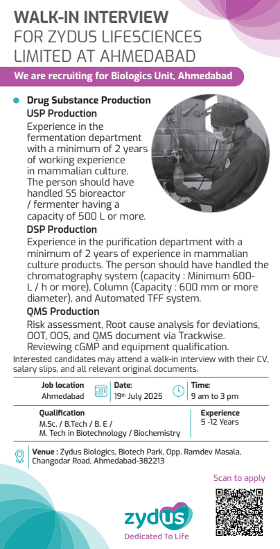 Walk-In Interview at Zydus Lifesciences – Biologics Production Roles Walk-In Interview at Zydus Lifesciences – Biologics Production Roles