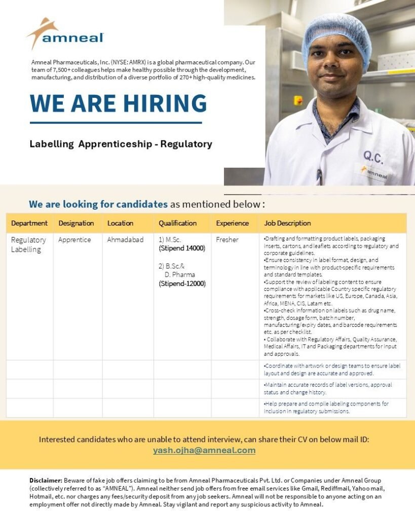 Amneal Pharmaceuticals Hiring FRESHERS for Regulatory Labelling Apprenticeship Amneal Pharmaceuticals Hiring FRESHERS for Regulatory Labelling Apprenticeship