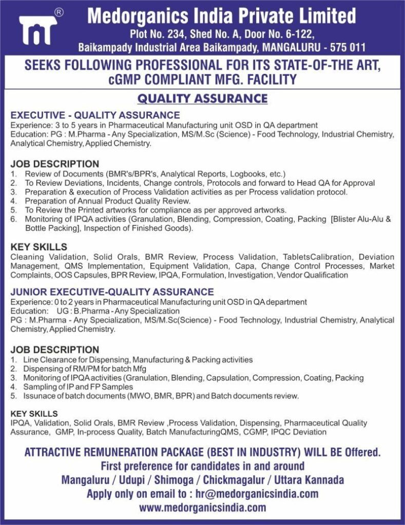 Quality Assurance Jobs in Pharma – Executive & Junior Executive Roles at Medorganics India Quality Assurance Jobs in Pharma – Executive & Junior Executive Roles at Medorganics India