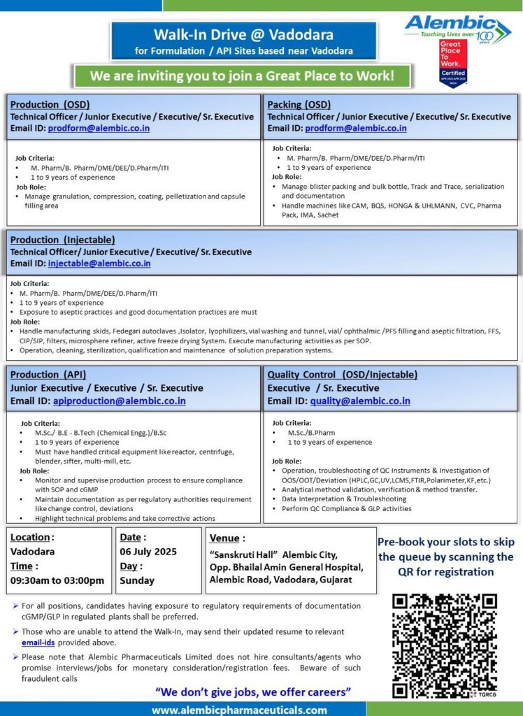 Alembic Pharma Walk-In 2025: Production, Packing & QC Jobs in Vadodara Alembic Pharma Walk-In 2025: Production, Packing & QC Jobs in Vadodara
