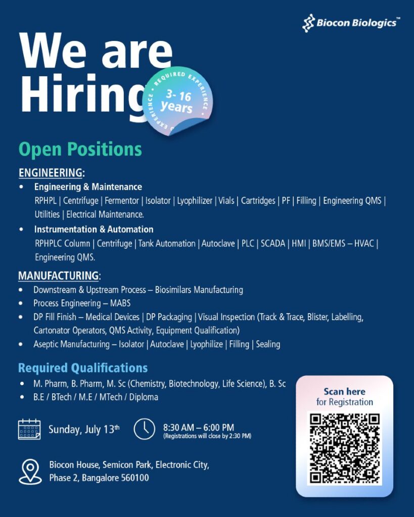 Biocon Biologics Hiring: Engineering, Manufacturing, and Process Development | Apply Now Biocon Biologics Hiring: Engineering, Manufacturing, and Process Development | Apply Now