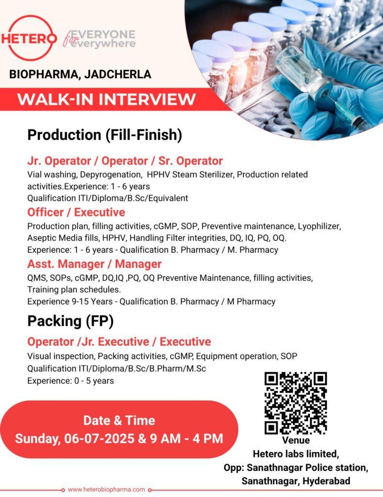 Walk-In Interview at Hetero Biopharma – Production & Packing Jobs (0–15 Years Exp) Walk-In Interview at Hetero Biopharma – Production & Packing Jobs (0–15 Years Exp)