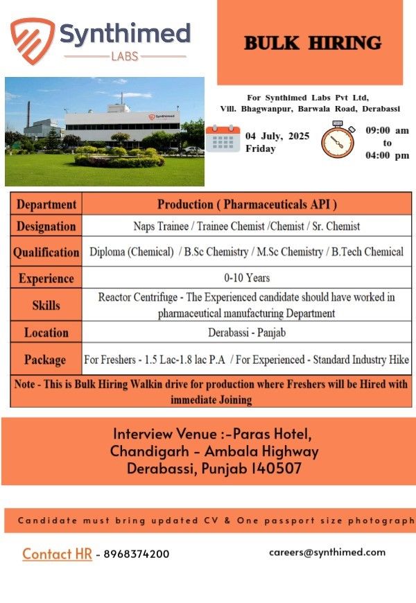 Synthimed Labs Walk-In Drive 2025: Pharma Production Jobs (0–10 Years Exp) Synthimed Labs Walk-In Drive 2025: Pharma Production Jobs (0–10 Years Exp)
