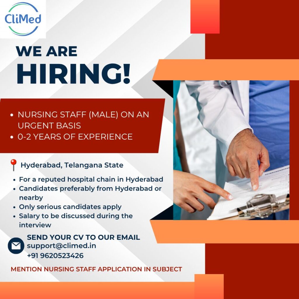 CliMed Hiring Freshers & Experienced for Nursing Staff (Male) Job at Reputed Hospital Chain CliMed Hiring Freshers & Experienced for Nursing Staff (Male) Job at Reputed Hospital Chain