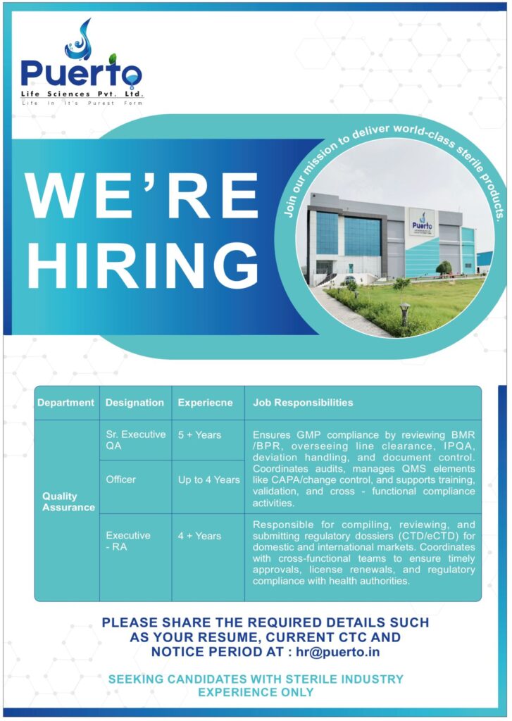 Quality Assurance & Regulatory Affairs Roles at Puerto Life Sciences Quality Assurance & Regulatory Affairs Roles at Puerto Life Sciences