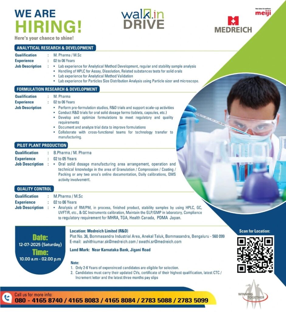 Walk-In Drive at Medreich Limited: QC, Production, Analytical & Formulation R&D Jobs (12th July 2025) Walk-In Drive at Medreich Limited: QC, Production, Analytical & Formulation R&D Jobs (12th July 2025)