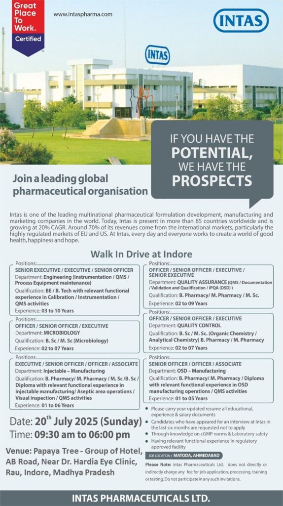 Intas Pharmaceuticals Walk-In Drive for QA, QC, Microbiology, Manufacturing, or Engineering Intas Pharmaceuticals Walk-In Drive for QA, QC, Microbiology, Manufacturing, or Engineering