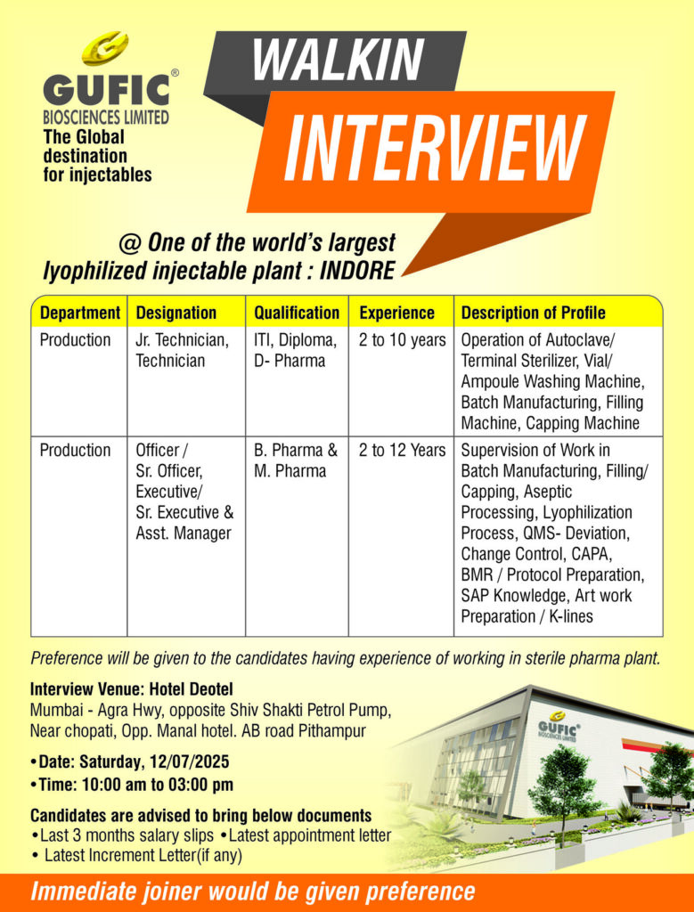Walk-in Drive for Production Roles at Gufic Biosciences Ltd (12 July 2025) Walk-in Drive for Production Roles at Gufic Biosciences Ltd (12 July 2025)