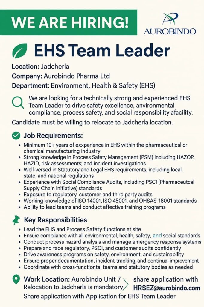 EHS Team Leader Job Opening at Aurobindo Pharma Ltd - Apply Now EHS Team Leader Job Opening at Aurobindo Pharma Ltd - Apply Now