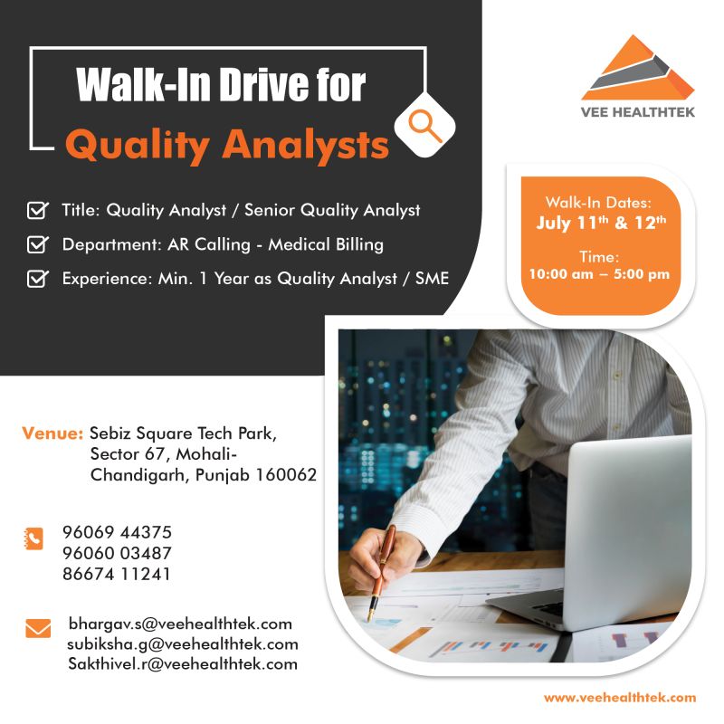 Walk-In Drive for Quality Analysts – AR Calling (Medical Billing) | Vee Healthtek Walk-In Drive for Quality Analysts – AR Calling (Medical Billing) | Vee Healthtek