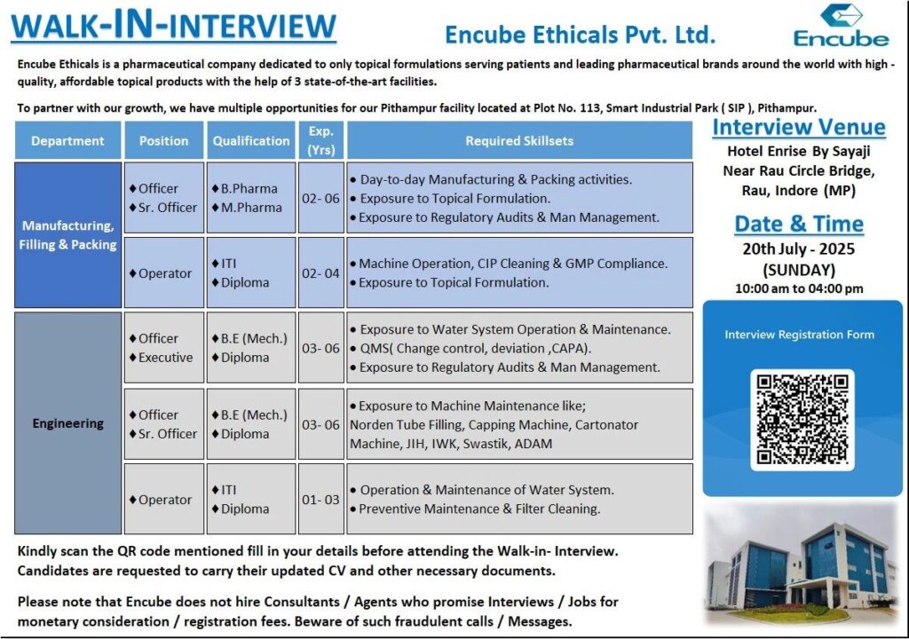 Walk-In Interview at Encube Ethicals – Engineering / Manufacturing & Packing Jobs Walk-In Interview at Encube Ethicals – Engineering / Manufacturing & Packing Jobs