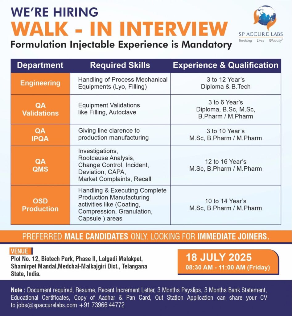 SP Accure Labs – Walk-In Interview for Production / QA / Engineering on 18 July 2025 SP Accure Labs – Walk-In Interview for Production / QA / Engineering on 18 July 2025