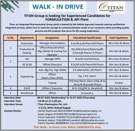 Titan Pharma Walk-In Drive Production, QA, QC & QA, Engineering, R&D, Warehouse (0 - 15 Years Exp) Titan Pharma Walk-In Drive Production, QA, QC & QA, Engineering, R&D, Warehouse (0 - 15 Years Exp)