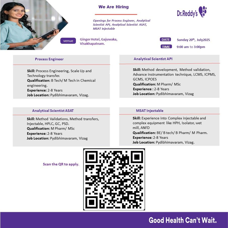 Dr. Reddy’s Hiring for API, Injectable, and Process Engineering – Walk-In on 20th July 2025 Dr. Reddy’s Hiring for API, Injectable, and Process Engineering – Walk-In on 20th July 2025